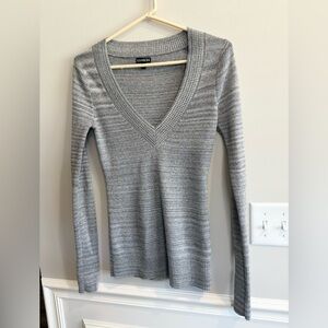 Express women’s shimmery gray long sleeve fitted deep V-neck sweater Size M